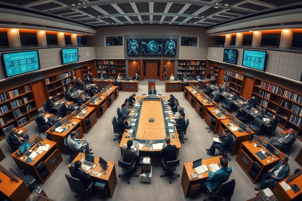 A panoramic view of a modern, well-lit government office, with rows of desks and cubicles occupied by professionals engaged in discussions and debates. In the center, a large conference table is surrounded by representatives from various organizations, including policymakers, ethicists, and AI experts, deep in thoughtful conversation. Bookshelves and digital displays line the walls, showcasing the latest research and guidelines on AI ethics. The atmosphere is one of collaboration and determination, as they work to navigate the complexities of governing and regulating the ethical development and deployment of artificial intelligence. A panoramic view of a modern, well-lit government office, with rows of desks and cubicles occupied by professionals engaged in discussions and debates. In the center, a large conference table is surrounded by representatives from various organizations, including policymakers, ethicists, and AI experts, deep in thoughtful conversation. Bookshelves and digital displays line the walls, showcasing the latest research and guidelines on AI ethics. The atmosphere is one of collaboration and determination, as they work to navigate the complexities of governing and regulating the ethical development and deployment of artificial intelligence.