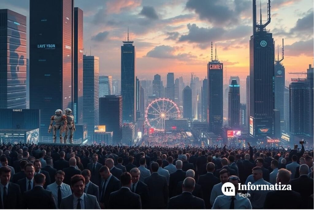 A sweeping landscape of a futuristic cityscape, where gleaming skyscrapers and robotic automation coexist. In the foreground, a throng of workers in business attire, their faces obscured by the shadows of looming artificial intelligence constructs. The middle ground depicts a whirlwind of activity, with android figures seamlessly integrated into the workforce, blurring the lines between human and machine. The background showcases a vibrant, neon-lit horizon, emblematic of the technological revolution transforming the very nature of employment. Dramatic, cinematic lighting casts an ominous yet captivating atmosphere, hinting at the profound changes sweeping across the modern job market. A sweeping landscape of a futuristic cityscape, where gleaming skyscrapers and robotic automation coexist. In the foreground, a throng of workers in business attire, their faces obscured by the shadows of looming artificial intelligence constructs. The middle ground depicts a whirlwind of activity, with android figures seamlessly integrated into the workforce, blurring the lines between human and machine. The background showcases a vibrant, neon-lit horizon, emblematic of the technological revolution transforming the very nature of employment. Dramatic, cinematic lighting casts an ominous yet captivating atmosphere, hinting at the profound changes sweeping across the modern job market.