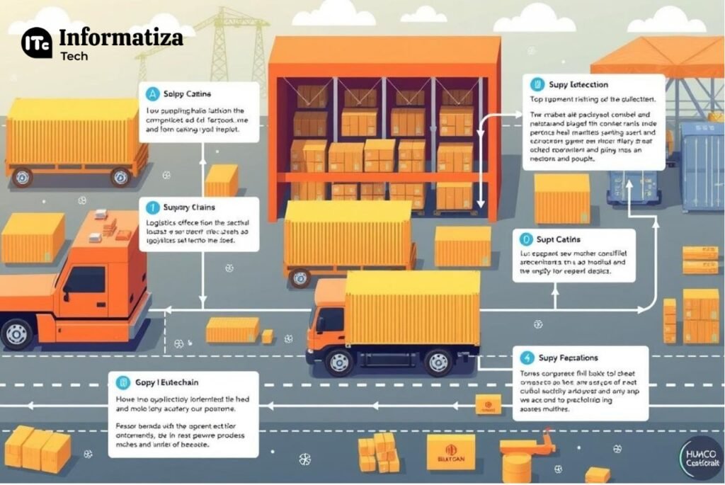 Imagem de uma cadeia de suprimentos com tecnologia blockchain