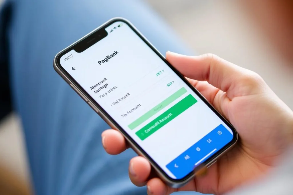 Imagem de uma pessoa usando um smartphone com o aplicativo PagBank aberto, mostrando a tela de rendimento da conta. Imagem-de-uma-pessoa-usando-um-smartphone-com-o-aplicativo-PagBank-aberto-mostrando-a-tela-de--1024x683