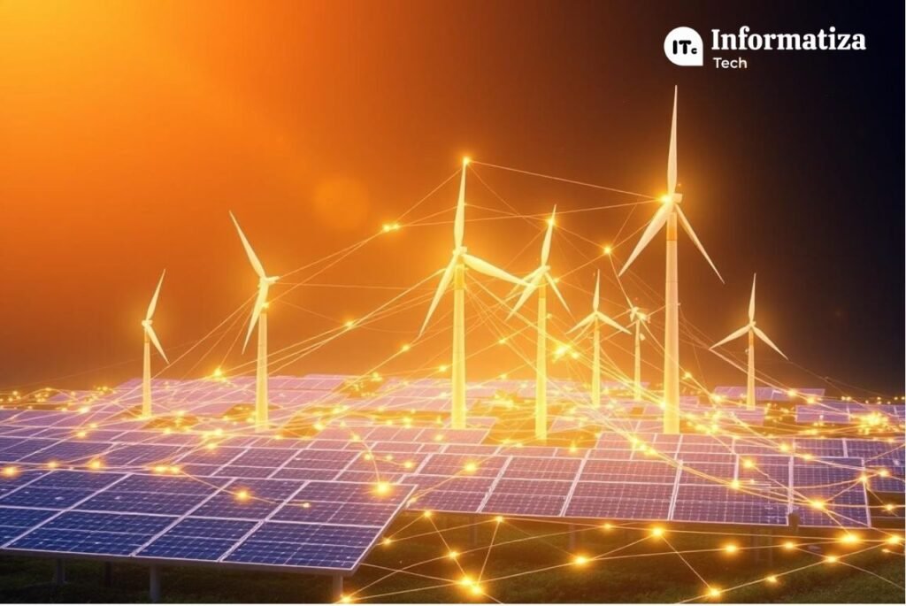 Imagem de uma rede de energia descentralizada com blockchain
