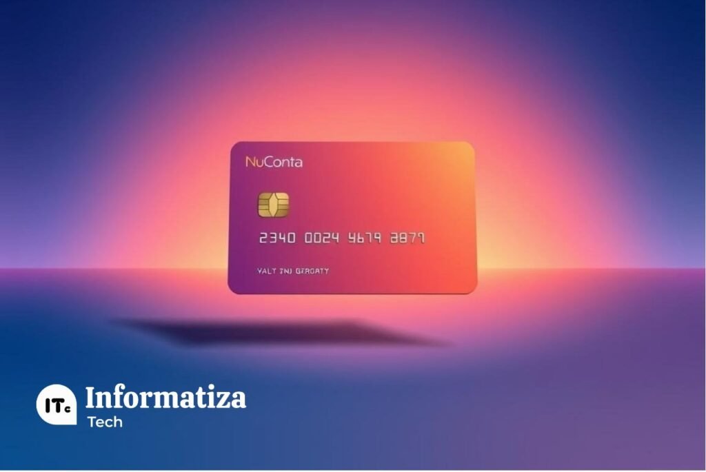A detailed, sleek illustration of the NuConta digital banking card from Nubank. The card is positioned in the center, showcasing its modern, minimalist design with clean lines and a vibrant color palette. The card hovers above a gradient backdrop that subtly shifts from cool blues to warm oranges, creating a sense of depth and atmosphere. The lighting is soft and directional, accentuating the card's structure and highlighting its premium, high-tech aesthetic. The overall composition conveys the NuConta's blend of simplicity, technology, and innovation, reflecting the forward-thinking nature of Nubank's digital banking solution.