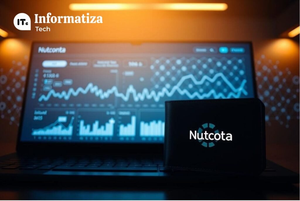 A sleek, modern banking interface with a clean, minimalist design. In the foreground, a digital wallet showcasing the NuConta logo, surrounded by interactive icons and buttons. The middle ground features a series of financial graphs and charts, illustrating the advanced analytics and data visualization capabilities of the NuConta platform. In the background, a subtle, pulsing grid of blockchain-inspired geometric shapes, symbolizing the secure and innovative technology powering the NuConta digital banking experience. Warm, muted lighting casts a soft glow, creating a sense of sophistication and confidence. Shot with a wide-angle lens to capture the full scope of the digital banking ecosystem.