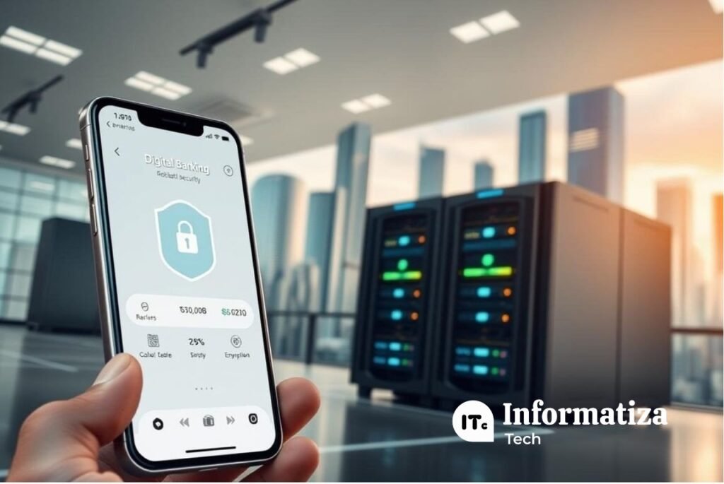 A secure digital banking scene depicting a modern banking environment. In the foreground, a sleek mobile device displays a digital banking interface, showcasing robust security features such as biometric authentication and encryption. In the middle ground, a bank of high-tech servers and networking equipment symbolizes the secure infrastructure powering the digital banking system. The background features a cityscape of skyscrapers, conveying a sense of scale and the interconnectedness of the digital banking landscape. Soft, warm lighting casts a professional, trustworthy atmosphere, while strategic camera angles emphasize the technological sophistication and reliability of the digital banking experience.