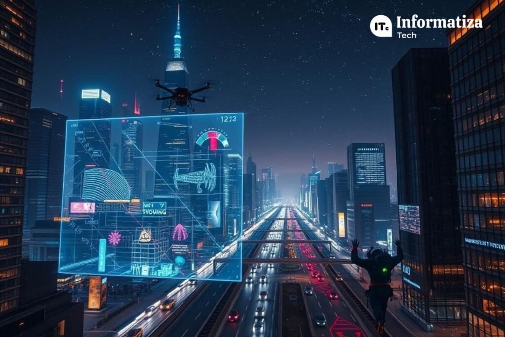 A futuristic cityscape at night, with towering skyscrapers and neon-lit streets. In the foreground, a translucent holographic interface hovers, displaying intricate data visualizations and AI algorithms. In the middle ground, robotic drones and self-driving vehicles navigating the urban landscape. In the background, a vast, starry sky, hinting at the boundless potential of artificial intelligence. The scene is bathed in a warm, futuristic glow, conveying a sense of technological progress and innovation. A wide, cinematic angle captures the grand scale and integration of AI within the modern city. A futuristic cityscape at night