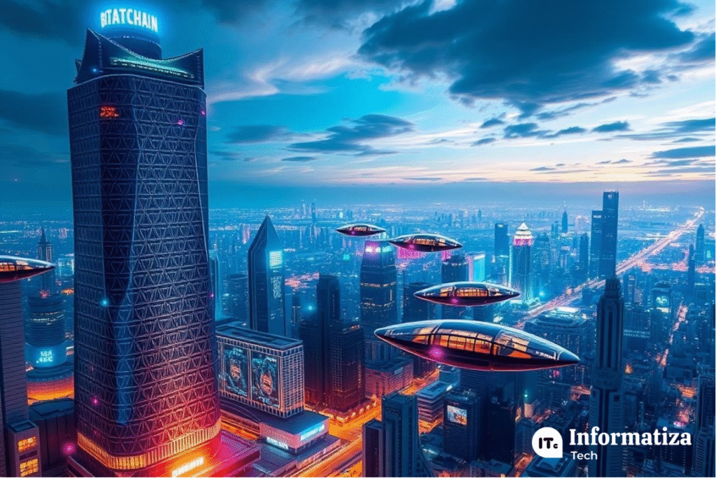 A futuristic cityscape bathed in a vibrant, neon-infused glow. In the foreground, a towering skyscraper adorned with intricate blockchain-inspired patterns casts a captivating silhouette against the night sky. Holograms and digital interfaces float seamlessly around the building, showcasing the integration of blockchain technology with the urban landscape. In the middle ground, a network of hovering transportation pods glide silently through the air, powered by decentralized blockchain infrastructure. The background is a panoramic vista of a bustling, hyper-connected metropolis, where the skyline is punctuated by sleek, angular structures and shimmering, data-driven displays. The scene conveys a sense of technological advancement, innovation, and the transformative potential of blockchain in shaping the future of our digital world. A futuristic cityscape bathed in a vibrant, neon-infused glow. In the foreground, a towering skyscraper adorned with intricate blockchain-inspired patterns casts a captivating silhouette against the night sky. Holograms and digital interfaces float seamlessly around the building, showcasing the integration of blockchain technology with the urban landscape. In the middle ground, a network of hovering transportation pods glide silently through the air, powered by decentralized blockchain infrastructure. The background is a panoramic vista of a bustling, hyper-connected metropolis, where the skyline is punctuated by sleek, angular structures and shimmering, data-driven displays. The scene conveys a sense of technological advancement, innovation, and the transformative potential of blockchain in shaping the future of our digital world.