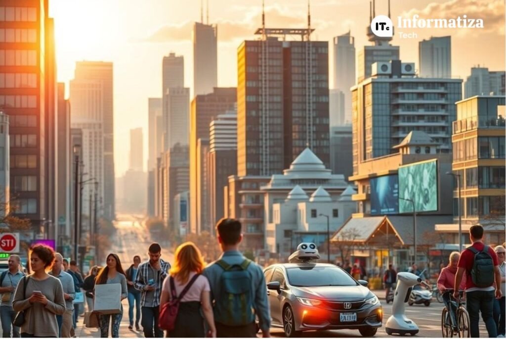 A vibrant city scene, illuminated by the warm glow of the sun. In the foreground, a group of people going about their daily lives, interacting with various AI-powered devices and technologies - a digital assistant providing directions, a self-driving car navigating the streets, and a robot delivering packages. The middle ground showcases bustling office buildings and homes, where AI-enabled systems manage energy, security, and productivity. In the background, towering skyscrapers and a futuristic skyline hint at the seamless integration of artificial intelligence into the fabric of urban living. The overall mood is one of efficiency, convenience, and a sense of progress, capturing the everyday applications of AI that have become integral to modern city life. A vibrant city scene, illuminated by the warm glow of the sun. In the foreground, a group of people going about their daily lives, interacting with various AI-powered devices and technologies - a digital assistant providing directions, a self-driving car navigating the streets, and a robot delivering packages. The middle ground showcases bustling office buildings and homes, where AI-enabled systems manage energy, security, and productivity. In the background, towering skyscrapers and a futuristic skyline hint at the seamless integration of artificial intelligence into the fabric of urban living. The overall mood is one of efficiency, convenience, and a sense of progress, capturing the everyday applications of AI that have become integral to modern city life.